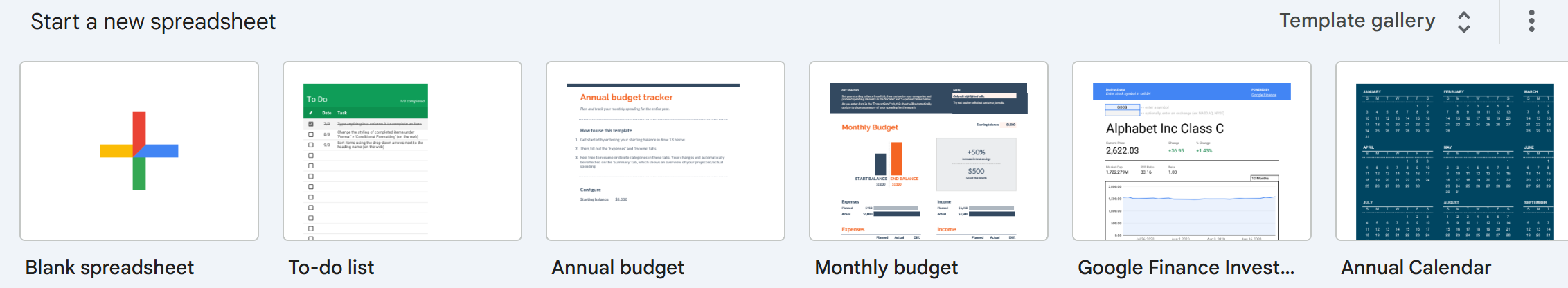 Google Sheets home screen showing the 'Start a new spreadsheet' template gallery with the Blank spreadsheet option